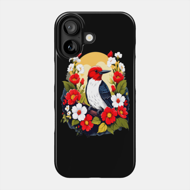 Cute Red Headed Woodpecker Surrounded by Vibrant Flowers Phone Case by BirdsnStuff