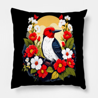 Cute Red Headed Woodpecker Surrounded by Vibrant Flowers Pillow