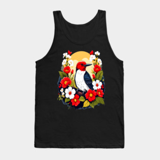 Cute Red Headed Woodpecker Surrounded by Vibrant Flowers Tank Top