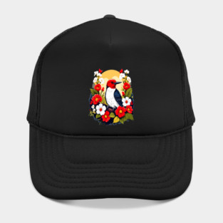 Cute Red Headed Woodpecker Surrounded by Vibrant Flowers Hat