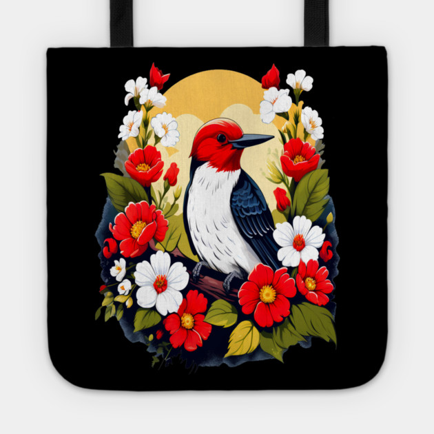 Cute Red Headed Woodpecker Surrounded by Vibrant Flowers Tote by BirdsnStuff