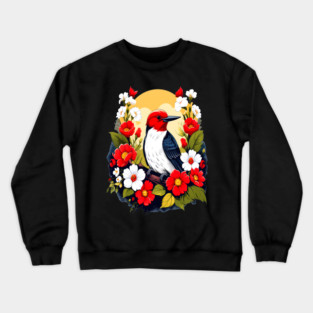 Cute Red Headed Woodpecker Surrounded by Vibrant Flowers Crewneck Sweatshirt