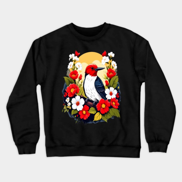 Cute Red Headed Woodpecker Surrounded by Vibrant Flowers Crewneck Sweatshirt by BirdsnStuff