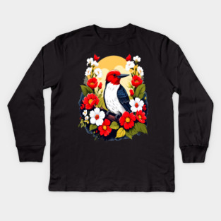 Cute Red Headed Woodpecker Surrounded by Vibrant Flowers Kids Long Sleeve T-Shirt