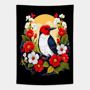 Cute Red Headed Woodpecker Surrounded by Vibrant Flowers Tapestry