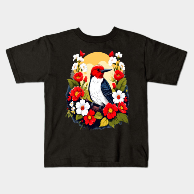 Cute Red Headed Woodpecker Surrounded by Vibrant Flowers Kids T-Shirt by BirdsnStuff