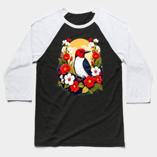 Cute Red Headed Woodpecker Surrounded by Vibrant Flowers Baseball T-Shirt