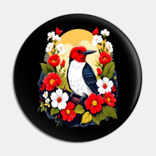 Cute Red Headed Woodpecker Surrounded by Vibrant Flowers Pin
