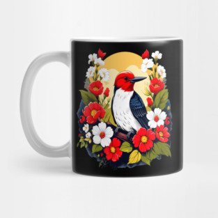 Cute Red Headed Woodpecker Surrounded by Vibrant Flowers Mug
