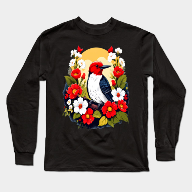 Cute Red Headed Woodpecker Surrounded by Vibrant Flowers Long Sleeve T-Shirt by BirdsnStuff