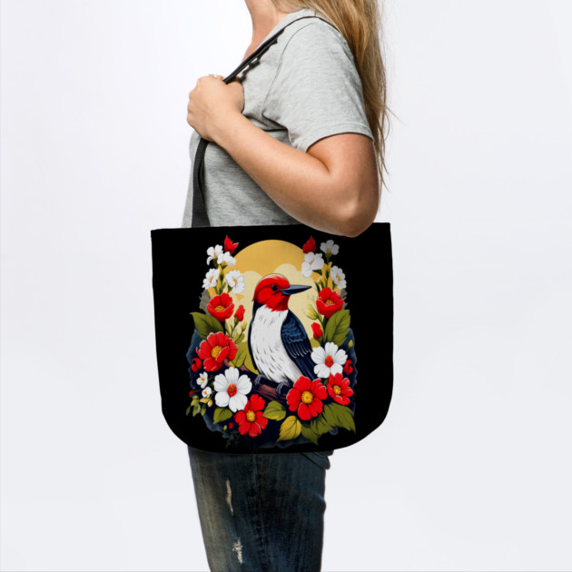 Cute Red Headed Woodpecker Surrounded by Vibrant Flowers by BirdsnStuff