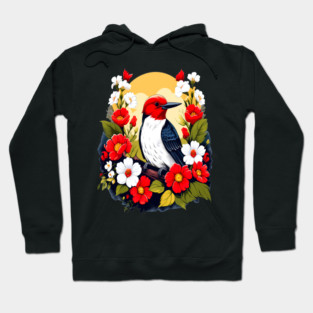 Cute Red Headed Woodpecker Surrounded by Vibrant Flowers Hoodie