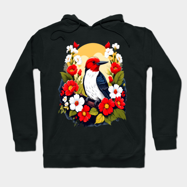 Cute Red Headed Woodpecker Surrounded by Vibrant Flowers Hoodie by BirdsnStuff