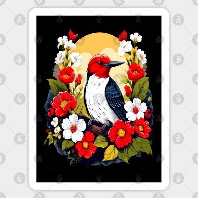 Cute Red Headed Woodpecker Surrounded by Vibrant Flowers Sticker by BirdsnStuff