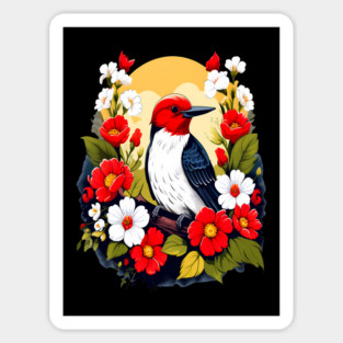 Cute Red Headed Woodpecker Surrounded by Vibrant Flowers Magnet