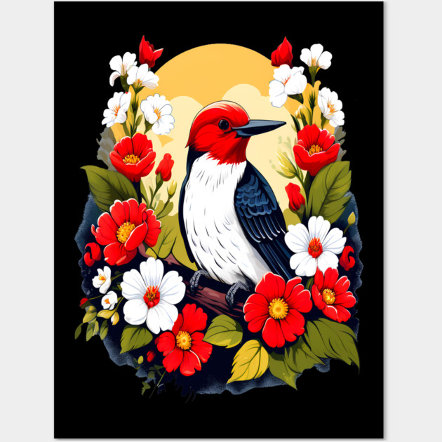 Cute Red Headed Woodpecker Surrounded by Vibrant Flowers Wall Art by BirdsnStuff