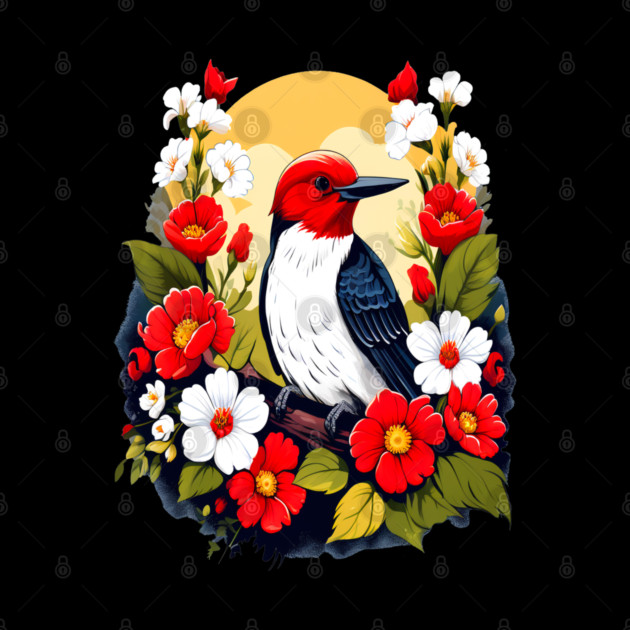 Cute Red Headed Woodpecker Surrounded by Vibrant Flowers by BirdsnStuff