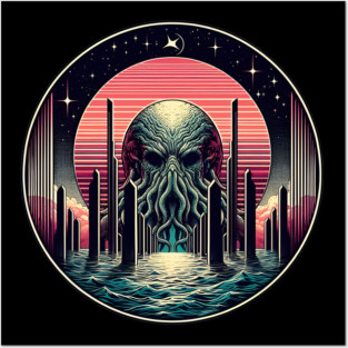 Neon Abyss: Cthulhu's Synthwave Surge Posters and Art