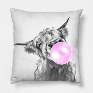 Bubblegum Black and White Highland Cow Pillow