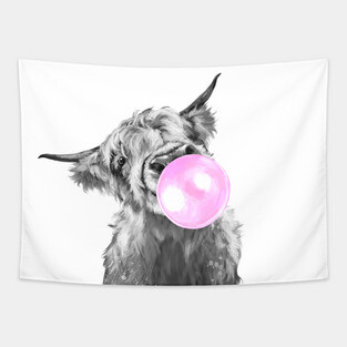 Bubblegum Black and White Highland Cow Tapestry