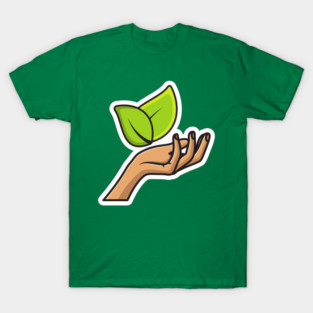 Hand Holding Leaf Sticker vector illustration. Natural products icon concept. Leaf in a hand sign of environmental protection icon. Green leaves and woman hand sticker design logo. T-Shirt