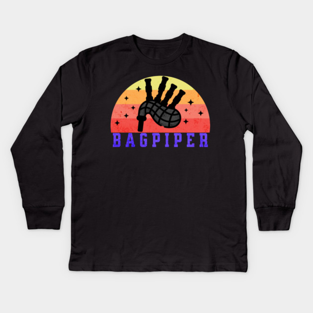 Retro Sunset Bagpiper Kids Long Sleeve T-Shirt by HolidayBug