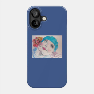 Girl with a Red Rose and Blue Beret Watercolor Phone Case