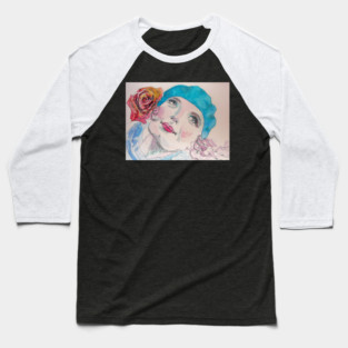 Girl with a Red Rose and Blue Beret Watercolor Baseball T-Shirt