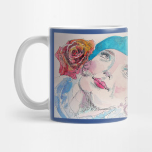 Girl with a Red Rose and Blue Beret Watercolor Mug