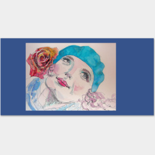 Girl with a Red Rose and Blue Beret Watercolor Posters and Art