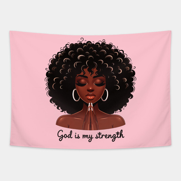 God is my Strength, Black Woman Praying Tapestry by UrbanLifeApparel