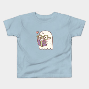 Cute Ghost Reading A Book With A Skull Kids T-Shirt