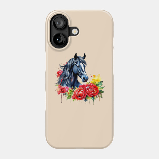 Watercolor Black Horse Red Roses Phone Case by HolidayBug