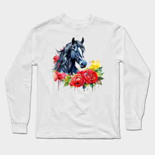 Watercolor Black Horse Red Roses Long Sleeve T-Shirt