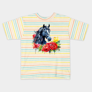 Watercolor Black Horse Red Roses Kids T-Shirt