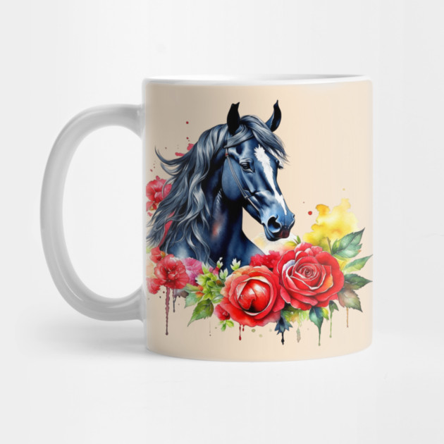 Watercolor Black Horse Red Roses by HolidayBug