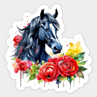 Watercolor Black Horse Red Roses Sticker