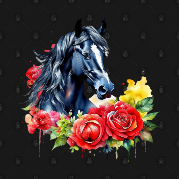 Watercolor Black Horse Red Roses by HolidayBug