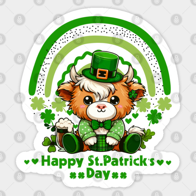 St. Patrick’s Day Highland Cow Luck of the Cute Highland: St. Paddy's Cow Sticker by JessArty