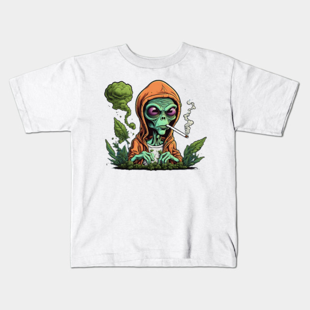 Alien Smoking Weed Kids T-Shirt by Peter Awax