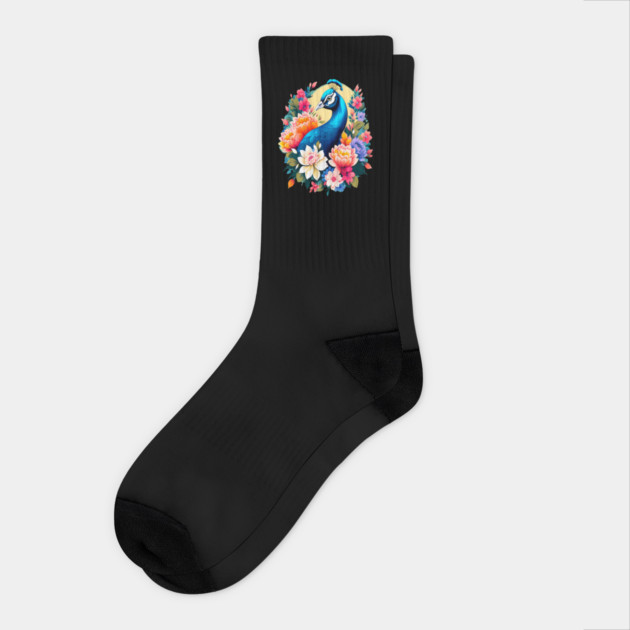 A Cute Peacock Surrounded by Bold Vibrant Spring Flowers Socks by BirdsnStuff
