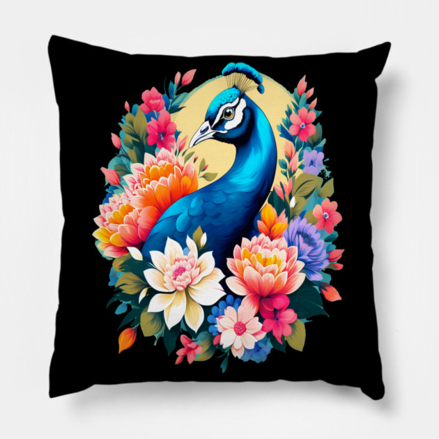 A Cute Peacock Surrounded by Bold Vibrant Spring Flowers Pillow by BirdsnStuff