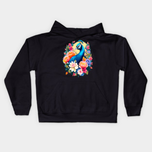 A Cute Peacock Surrounded by Bold Vibrant Spring Flowers Kids Hoodie