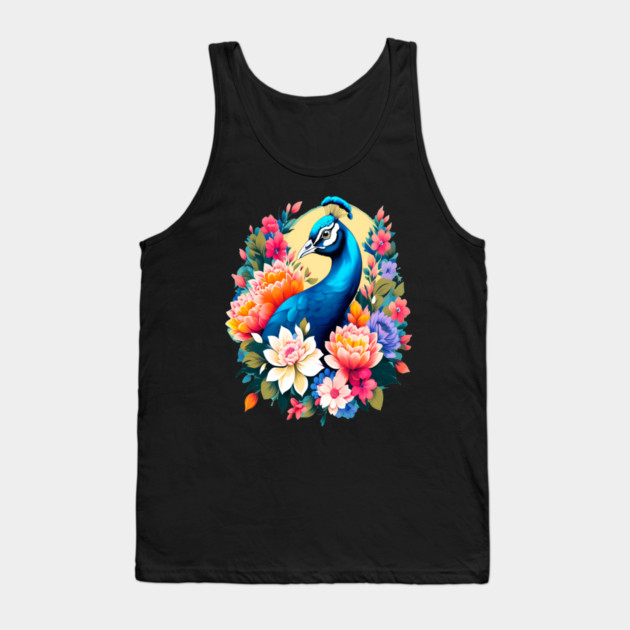 A Cute Peacock Surrounded by Bold Vibrant Spring Flowers Tank Top by BirdsnStuff