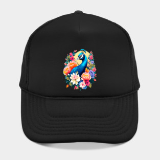 A Cute Peacock Surrounded by Bold Vibrant Spring Flowers Hat