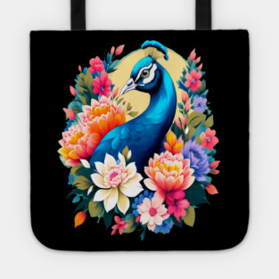 A Cute Peacock Surrounded by Bold Vibrant Spring Flowers Tote