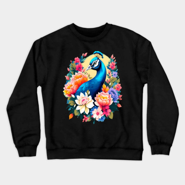 A Cute Peacock Surrounded by Bold Vibrant Spring Flowers Crewneck Sweatshirt by BirdsnStuff