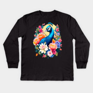 A Cute Peacock Surrounded by Bold Vibrant Spring Flowers Kids Long Sleeve T-Shirt