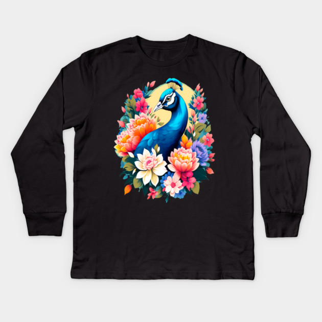 A Cute Peacock Surrounded by Bold Vibrant Spring Flowers Kids Long Sleeve T-Shirt by BirdsnStuff