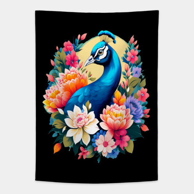 A Cute Peacock Surrounded by Bold Vibrant Spring Flowers Tapestry by BirdsnStuff